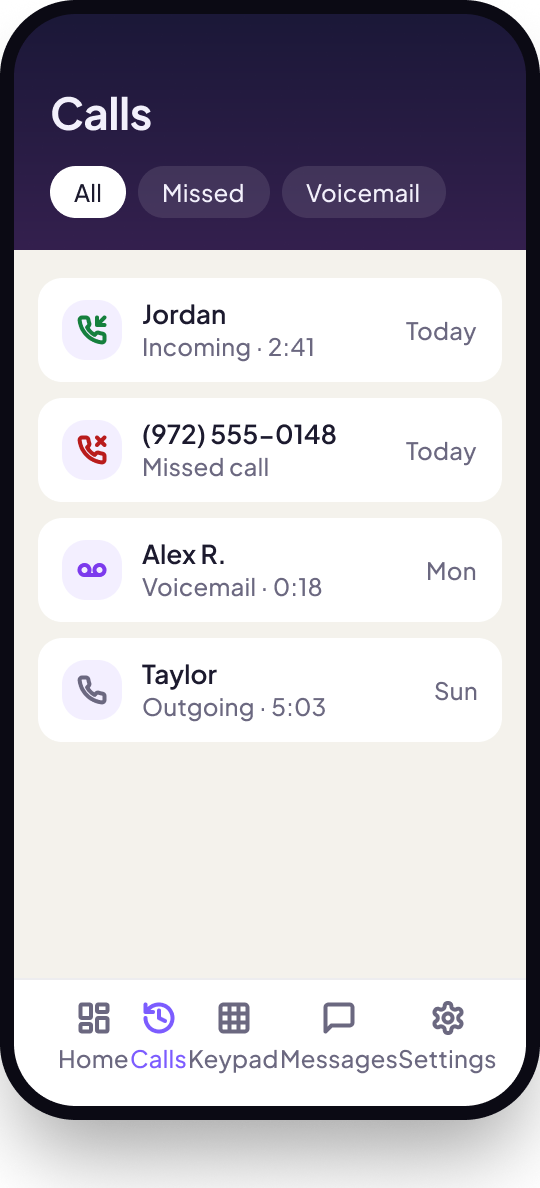 Call history in the ZenoVoiceAi app