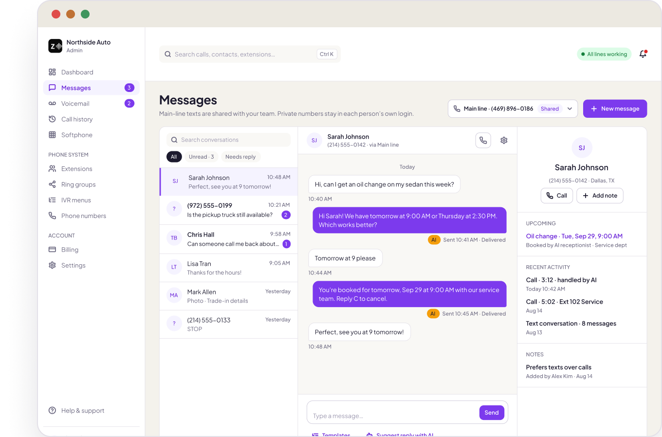 Business texting inbox