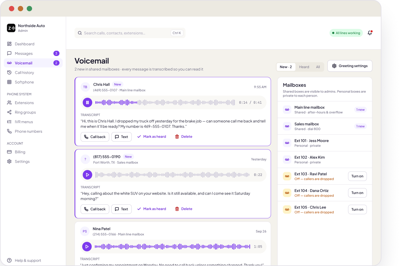 Voicemail inbox